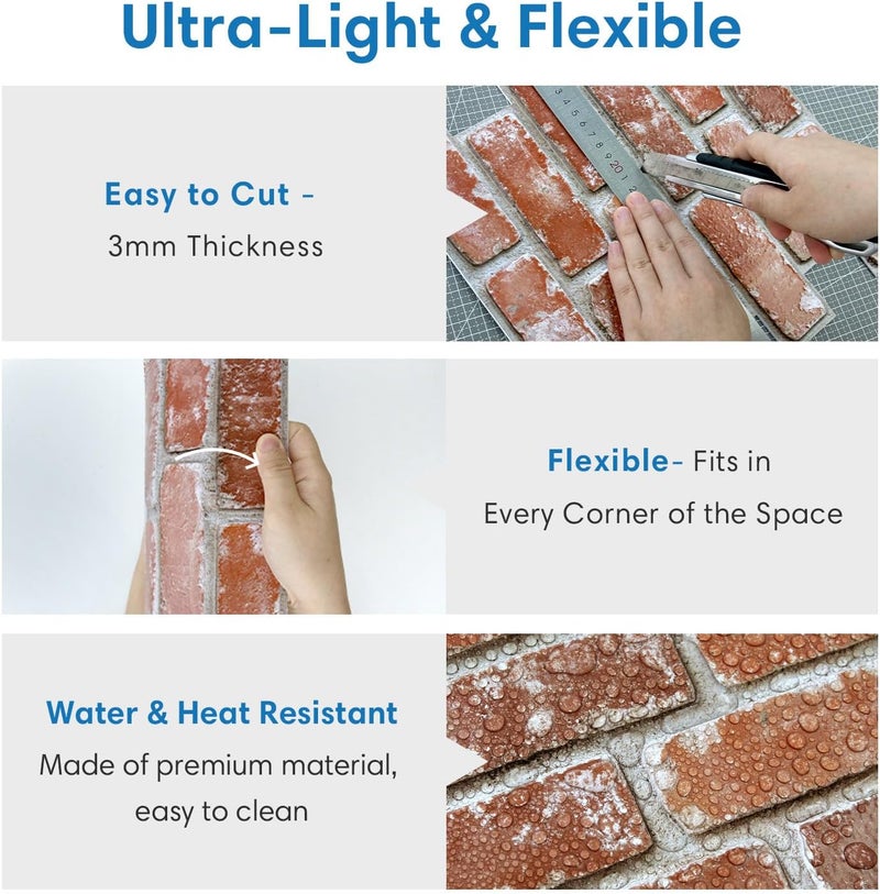 COMSTICKC 3D Faux Brick Peel and Stick Wall Panels,10 Pcs of 12"X12",Small Size, Thin PVC 3D Fake Brick Self Adhesive Wall Covering Wallpaper Interior Decor, Orange Red - Image 4